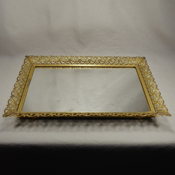 Vintage 16x11 Ornate Gold Mirrored Vanity Tray - Picture 2 of 10